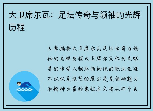 大卫席尔瓦：足坛传奇与领袖的光辉历程
